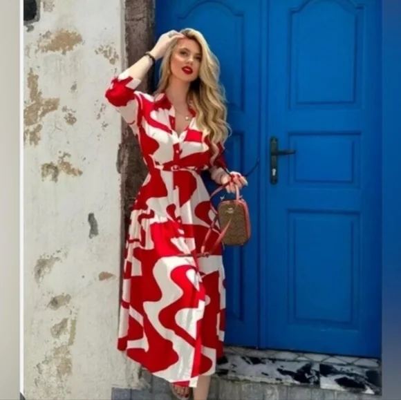Zara zw Collection Printed midi dress red ecru BNWT - Picture 7 of 10